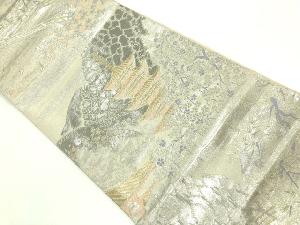 リサイクル　プラチナ箔二重織　橋・寺院風景模様織出し袋帯